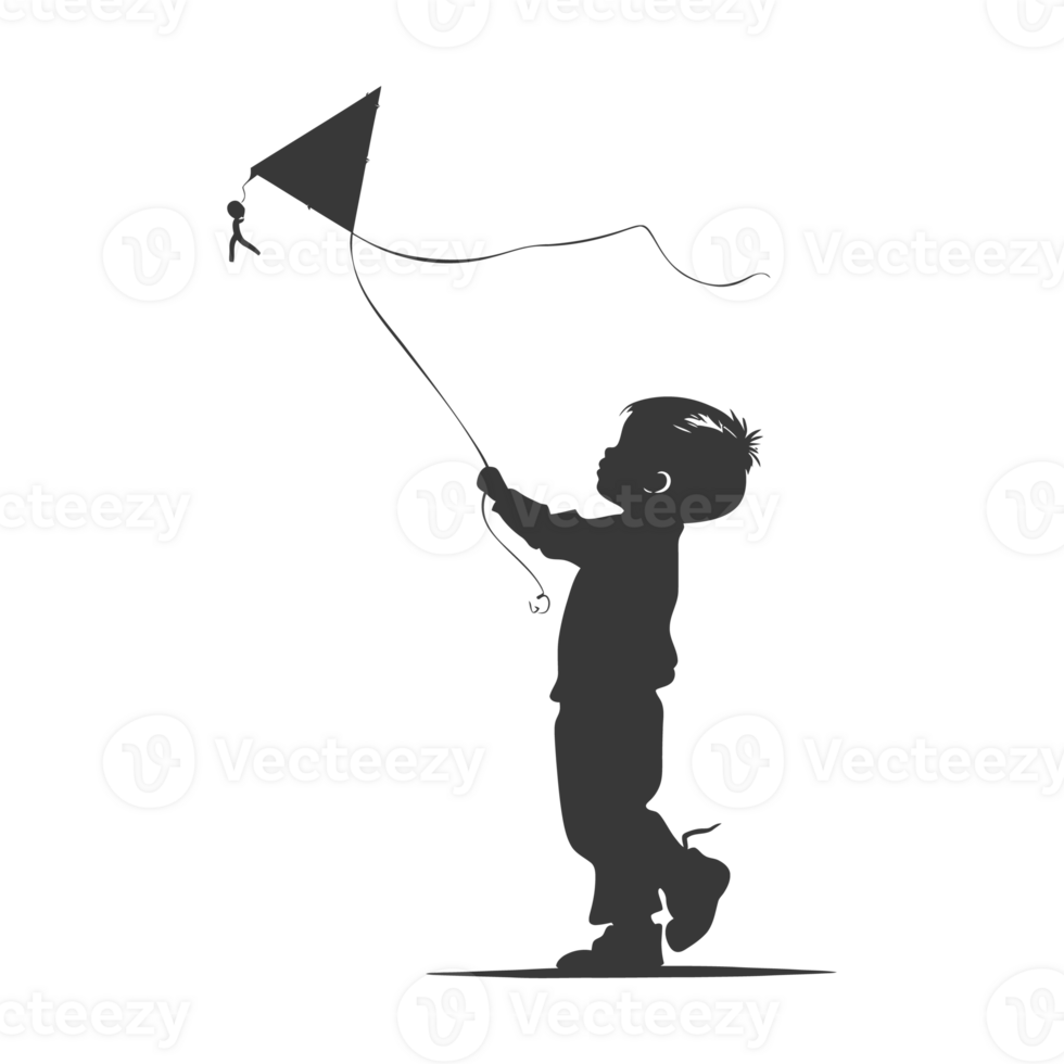 AI generated Silhouette little boy playing kite black color only png