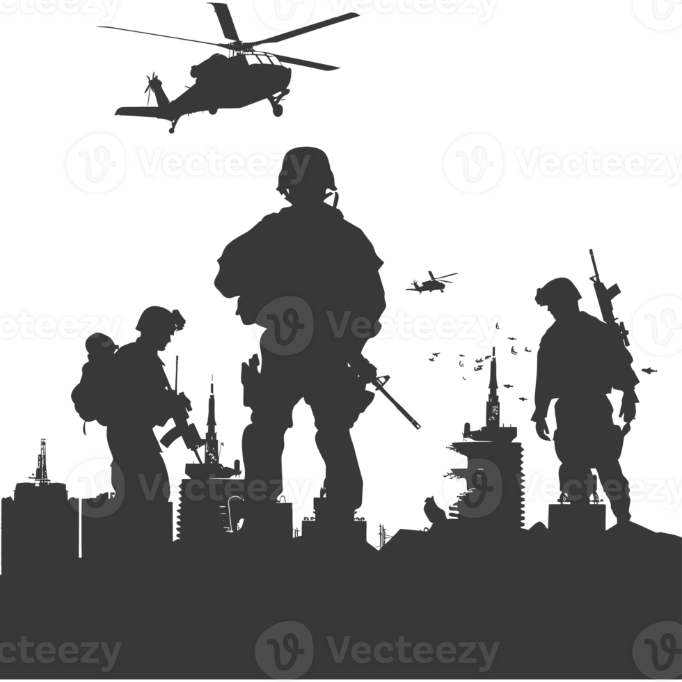 AI generated silhouette of a modern war situation black color only png