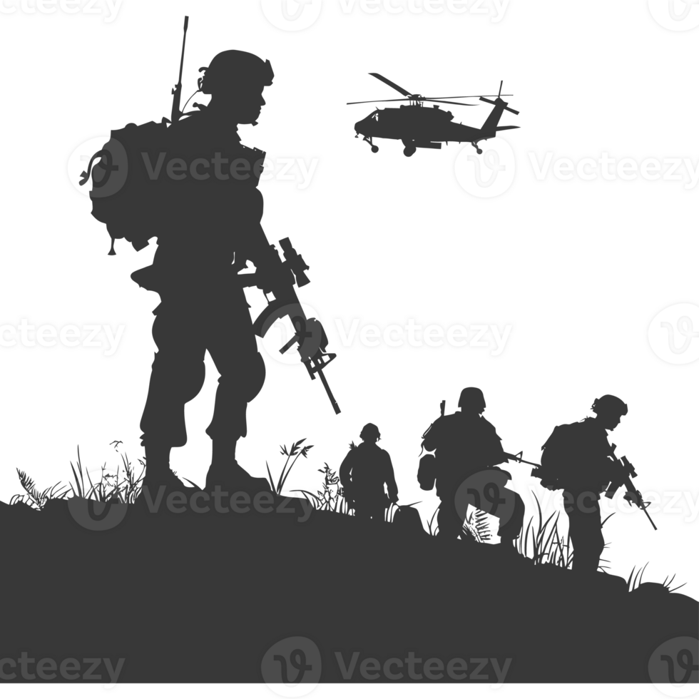 AI generated silhouette of a modern war situation black color only png