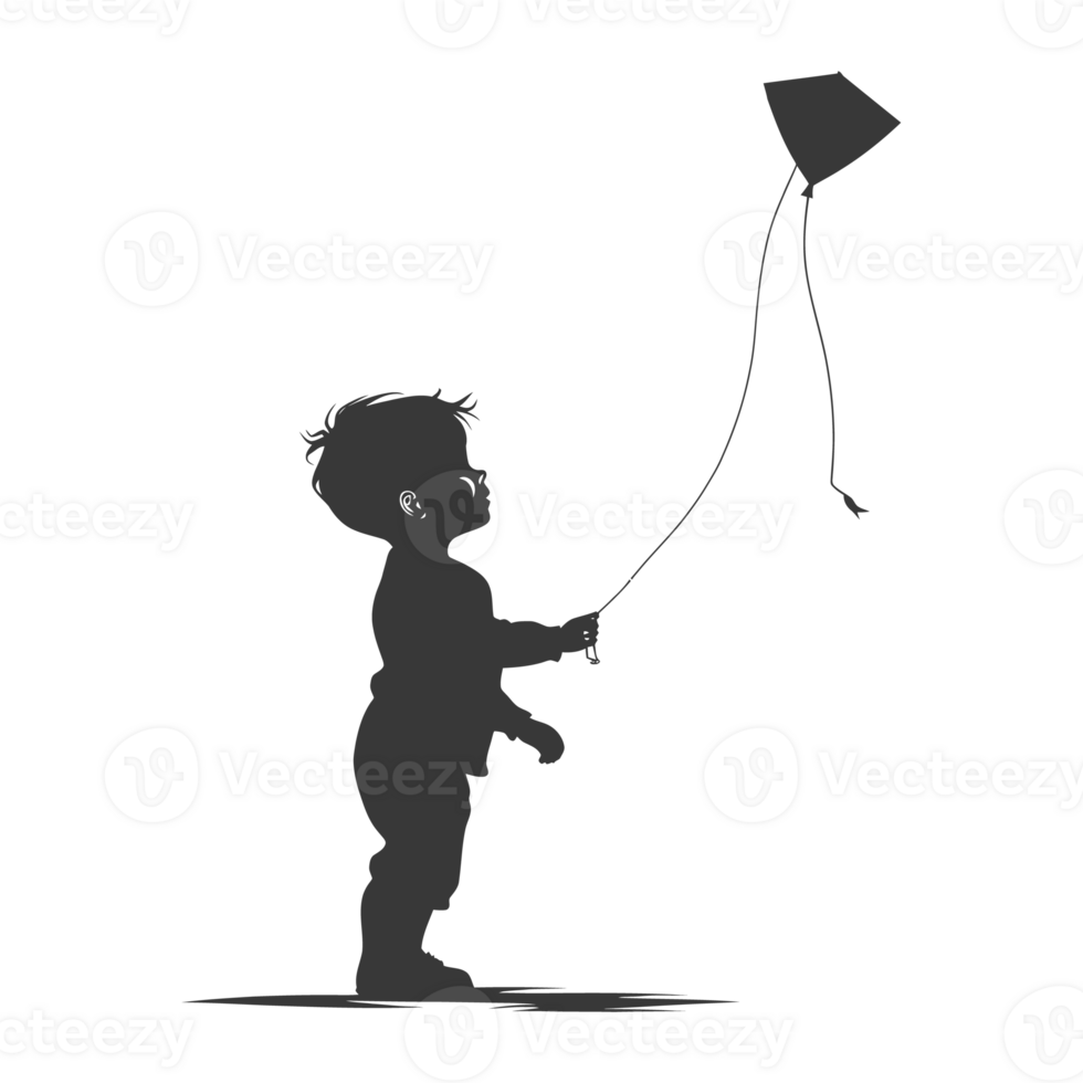 AI generated Silhouette little boy playing kite black color only png