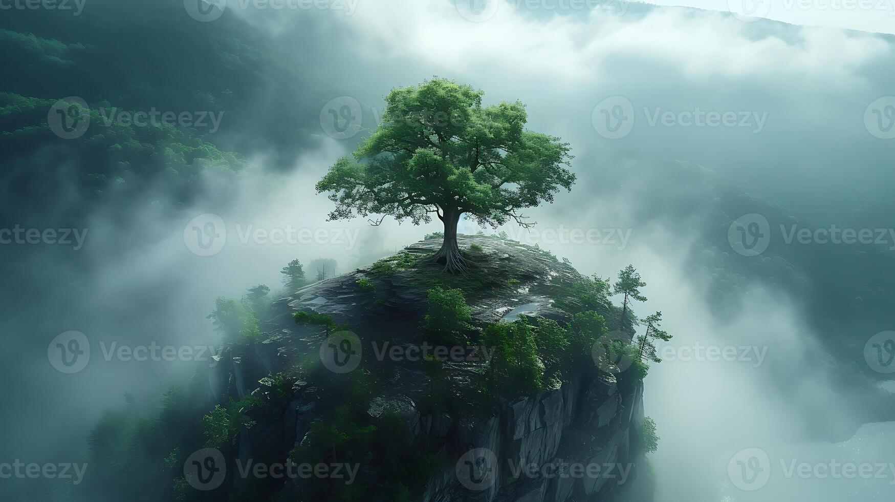 AI generated Through the fog over a forest beautiful natural scene drone view photo