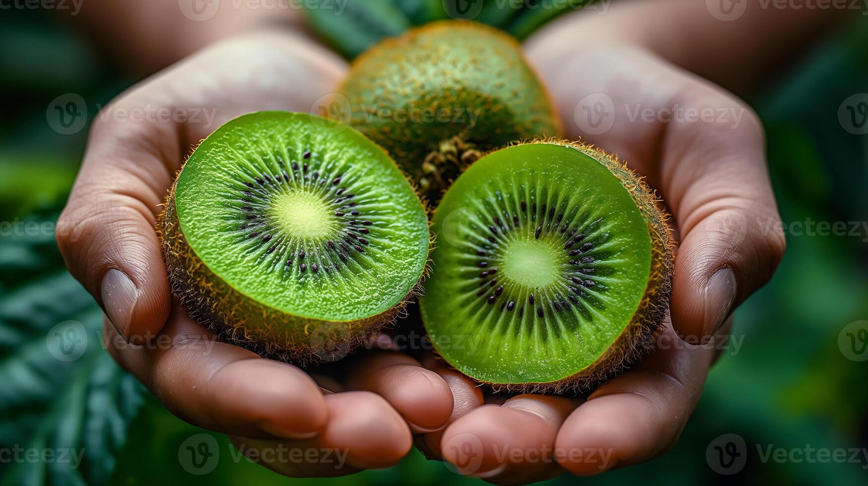 AI generated Holding fresh organic kiwi fruit photo