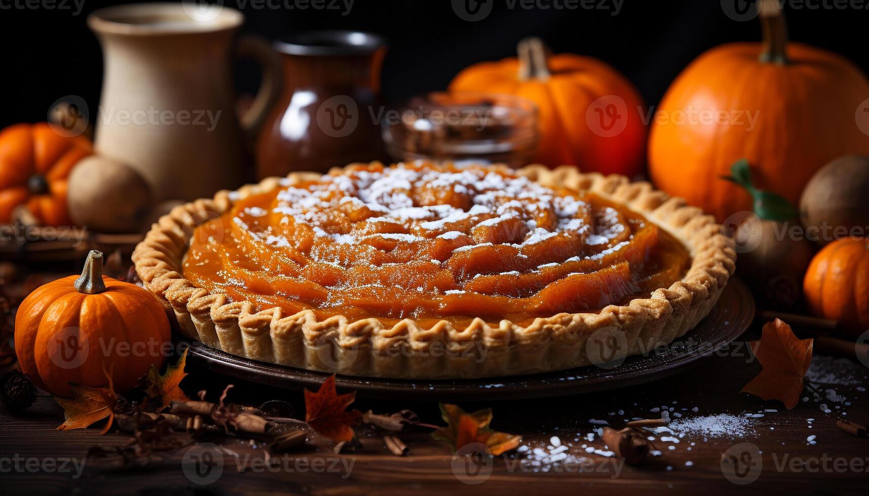 AI generated Homemade pumpkin pie, sweet indulgence on rustic table generated by AI photo