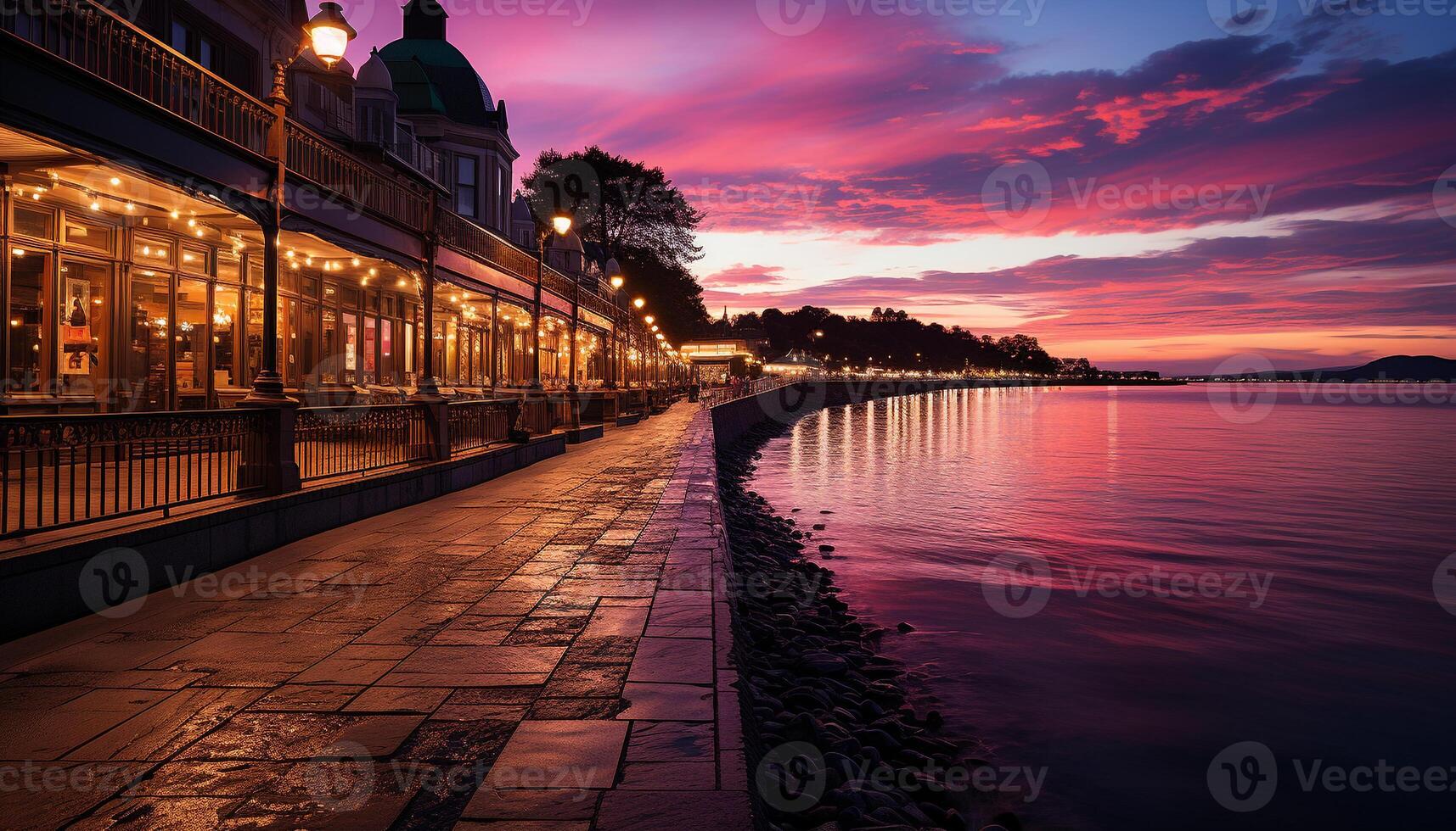 AI generated City skyline illuminated by sunset, reflecting on water generated by AI photo