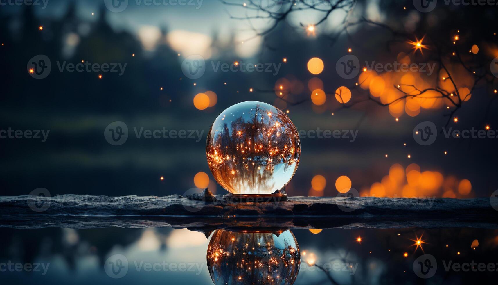 AI generated Glowing sphere reflects nature beauty in a shiny abstract illustration generated by AI photo