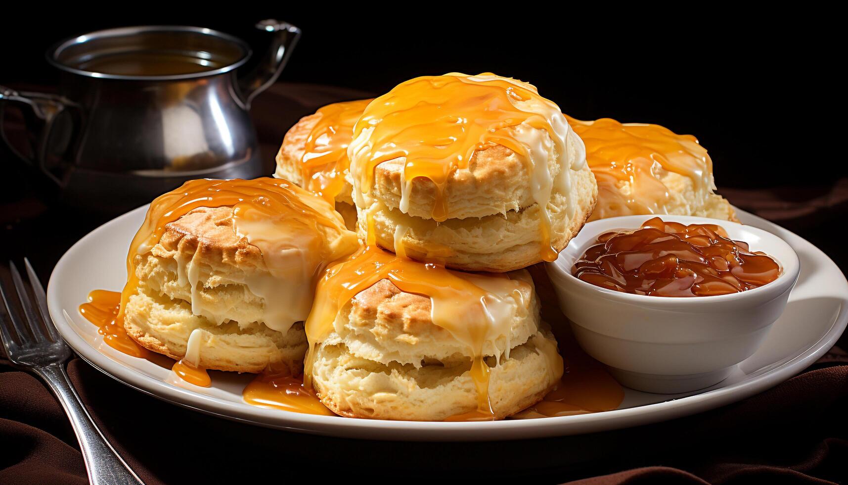 AI generated Freshly baked dessert on a wooden plate, ready to eat indulgence generated by AI photo
