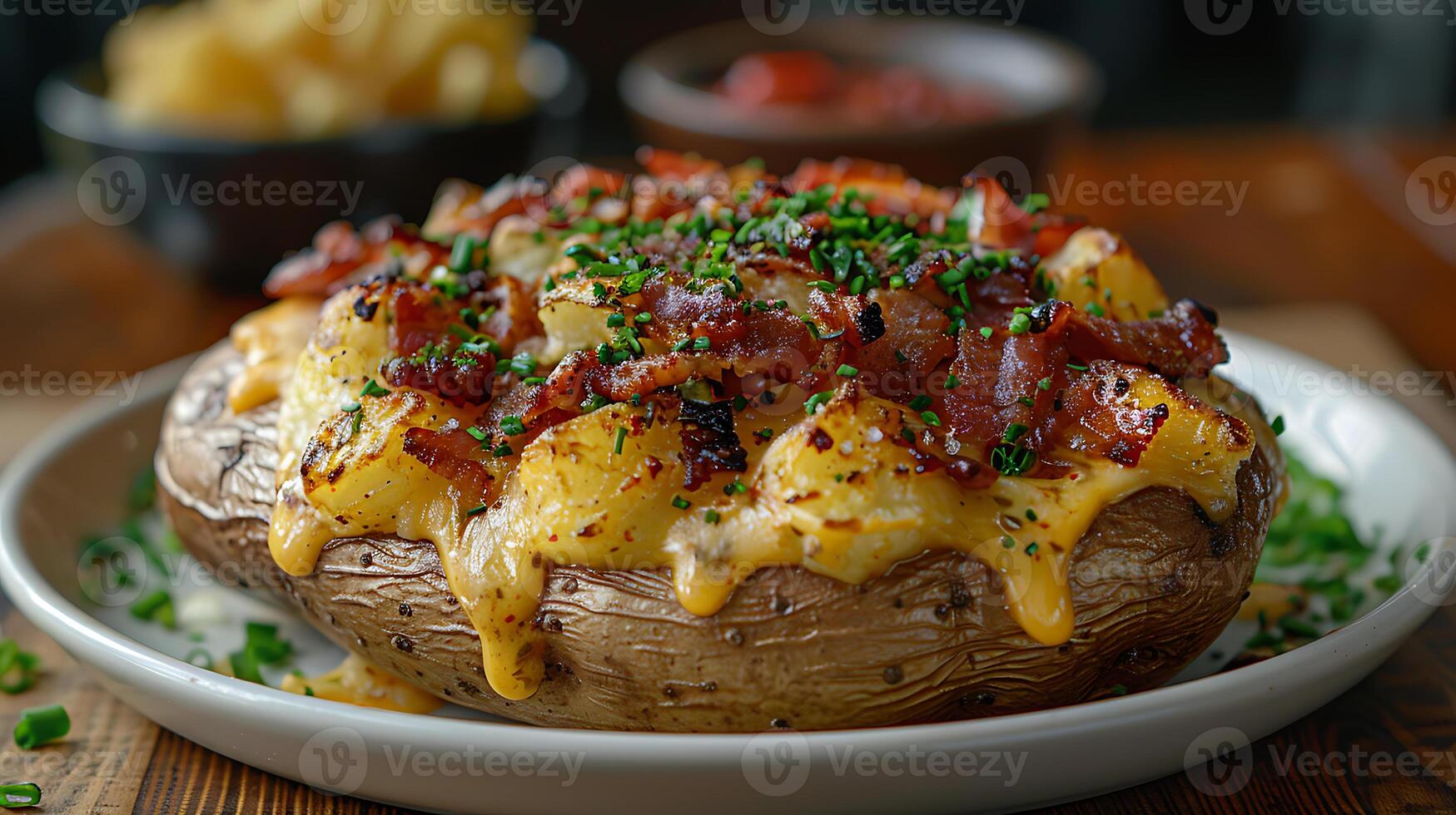 AI generated Loaded baked potato on a wooden table close up view photo