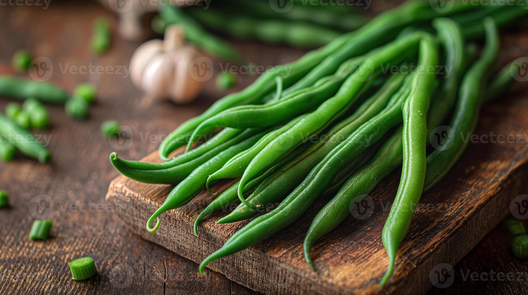 AI generated Fresh green beans on a wooden table photo