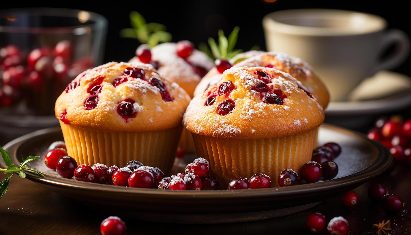 AI generated Homemade blueberry muffin on rustic wooden table, a sweet delight generated by AI photo