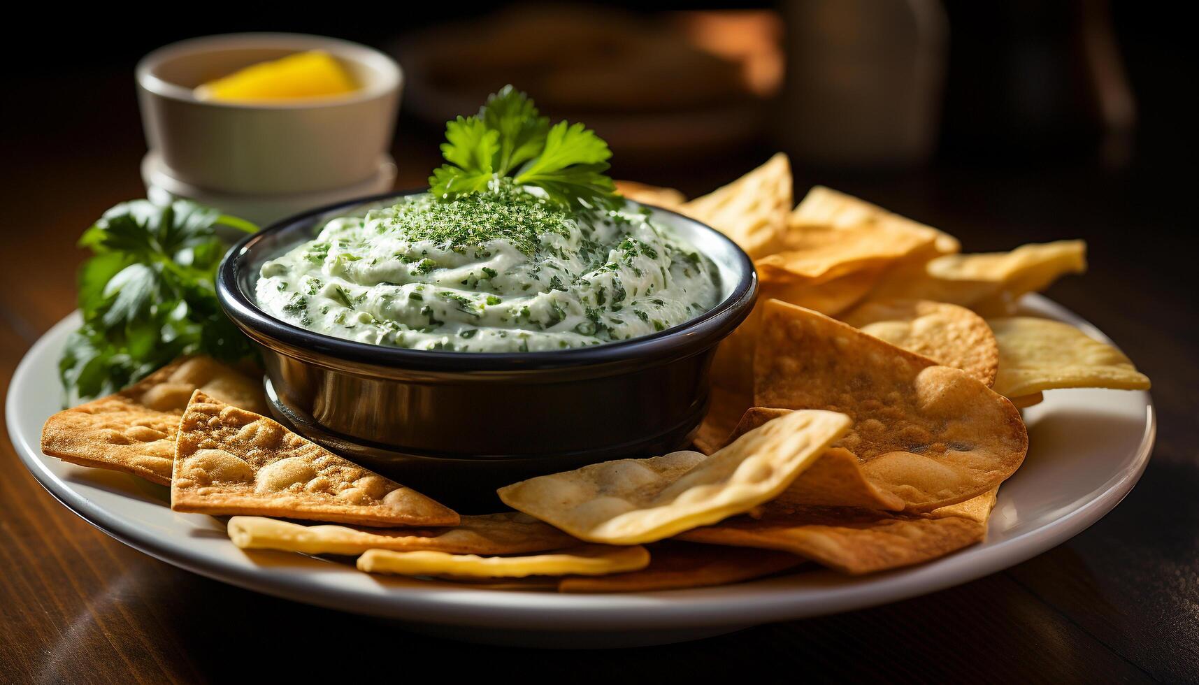 AI generated Fresh guacamole dip on a wooden plate, a gourmet appetizer generated by AI photo