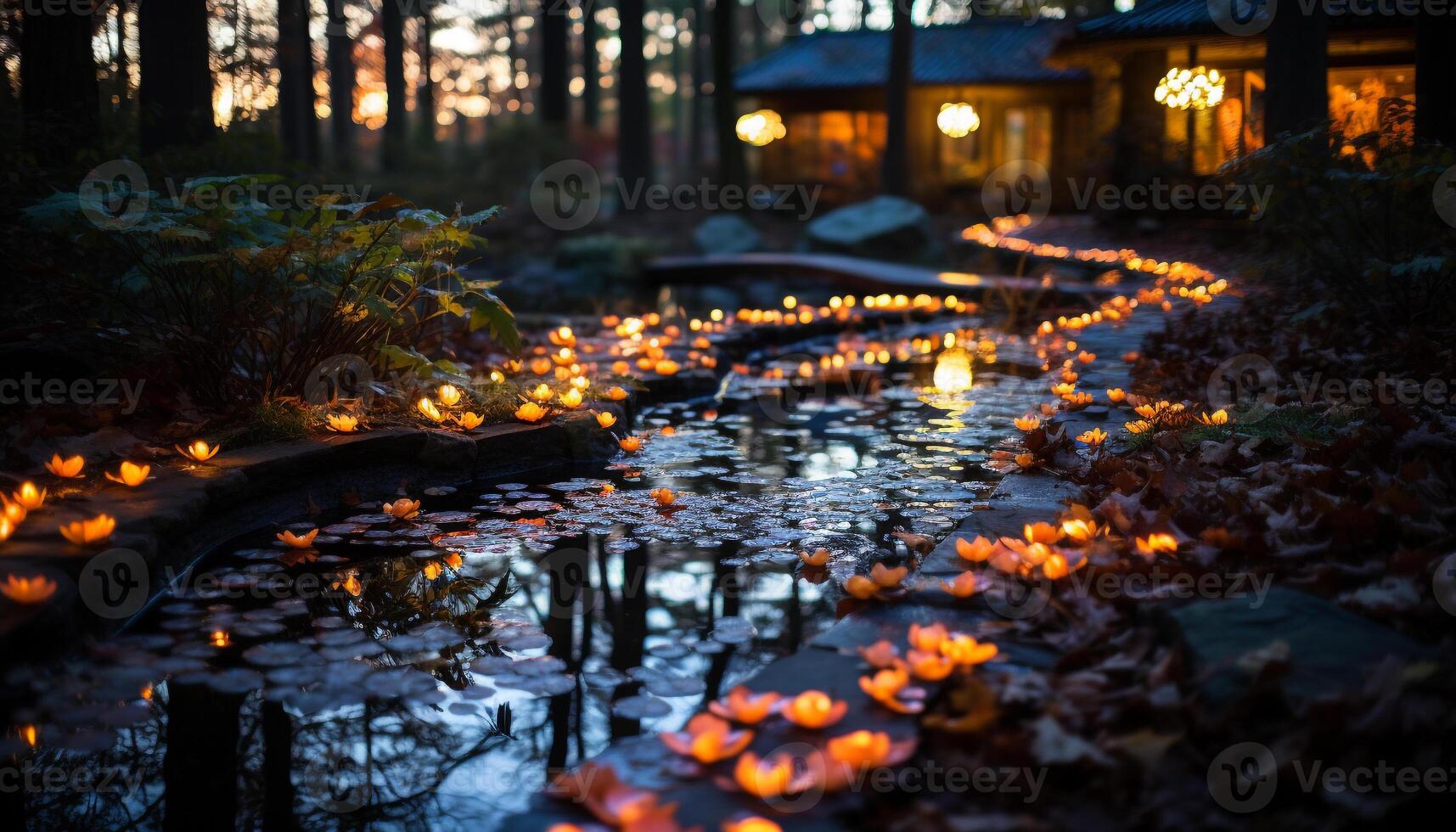 AI generated Autumn tree illuminated by lanterns in tranquil forest generated by AI photo