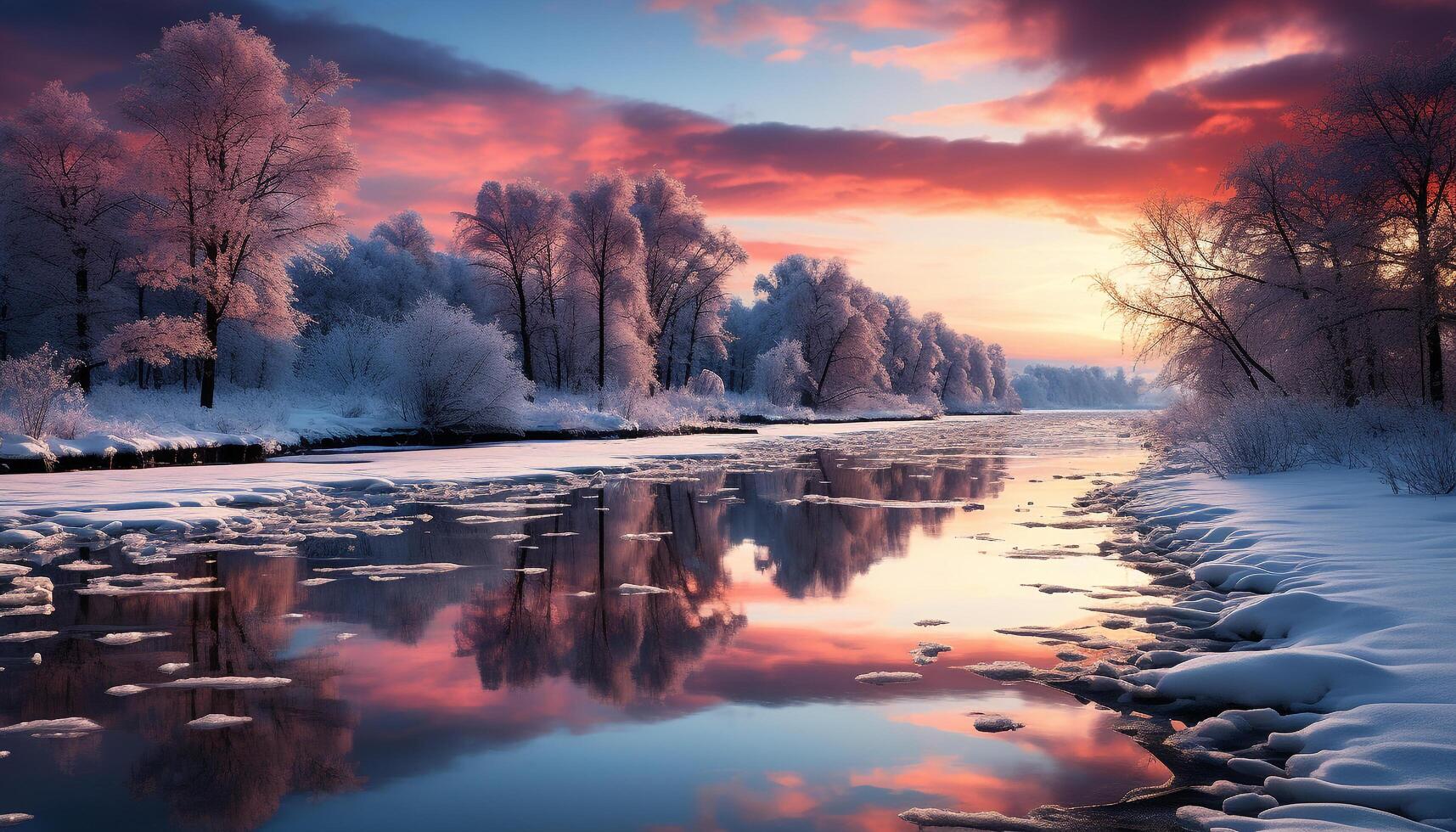 AI generated Winter tree reflects beauty in nature, tranquil scene, frozen water generated by AI photo