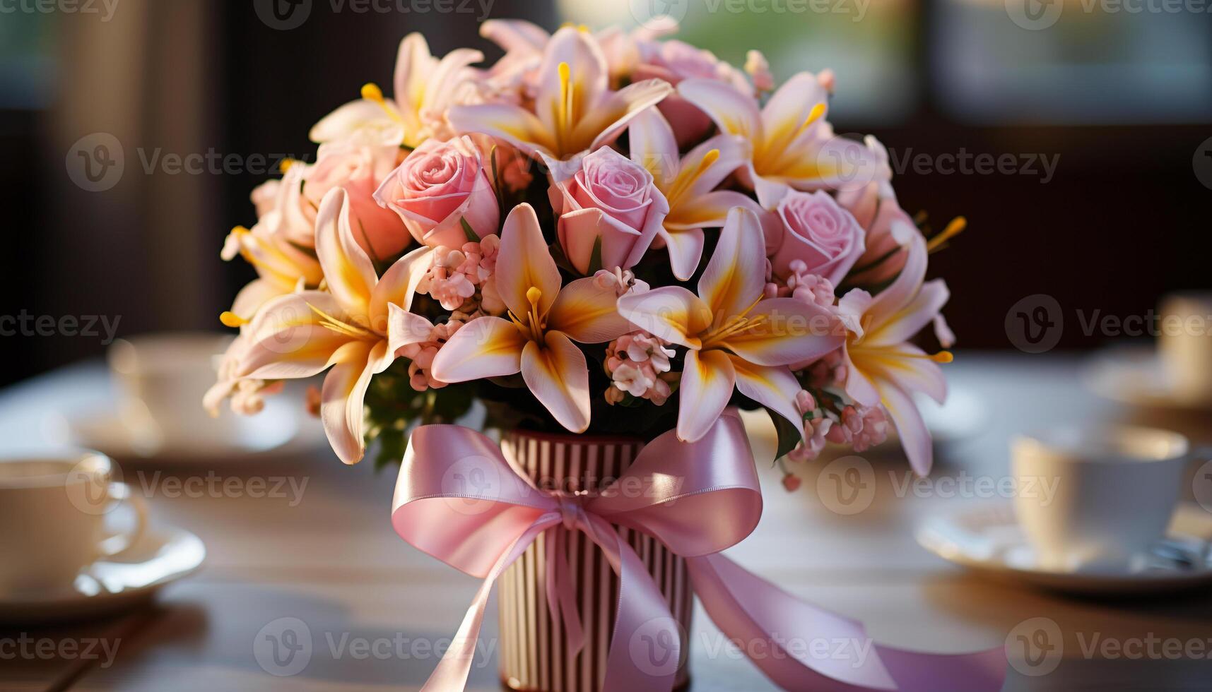 AI generated Freshness and elegance in a bouquet of pink tulips on a wooden table generated by AI photo