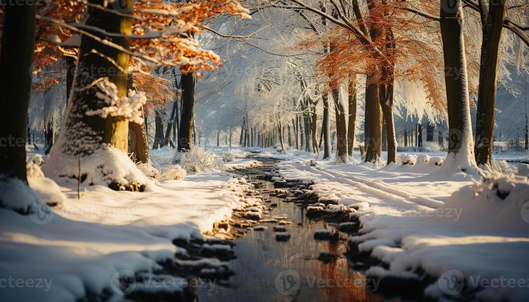 AI generated Tranquil scene snow covered forest, winter beauty, nature peacefulness generated by AI photo