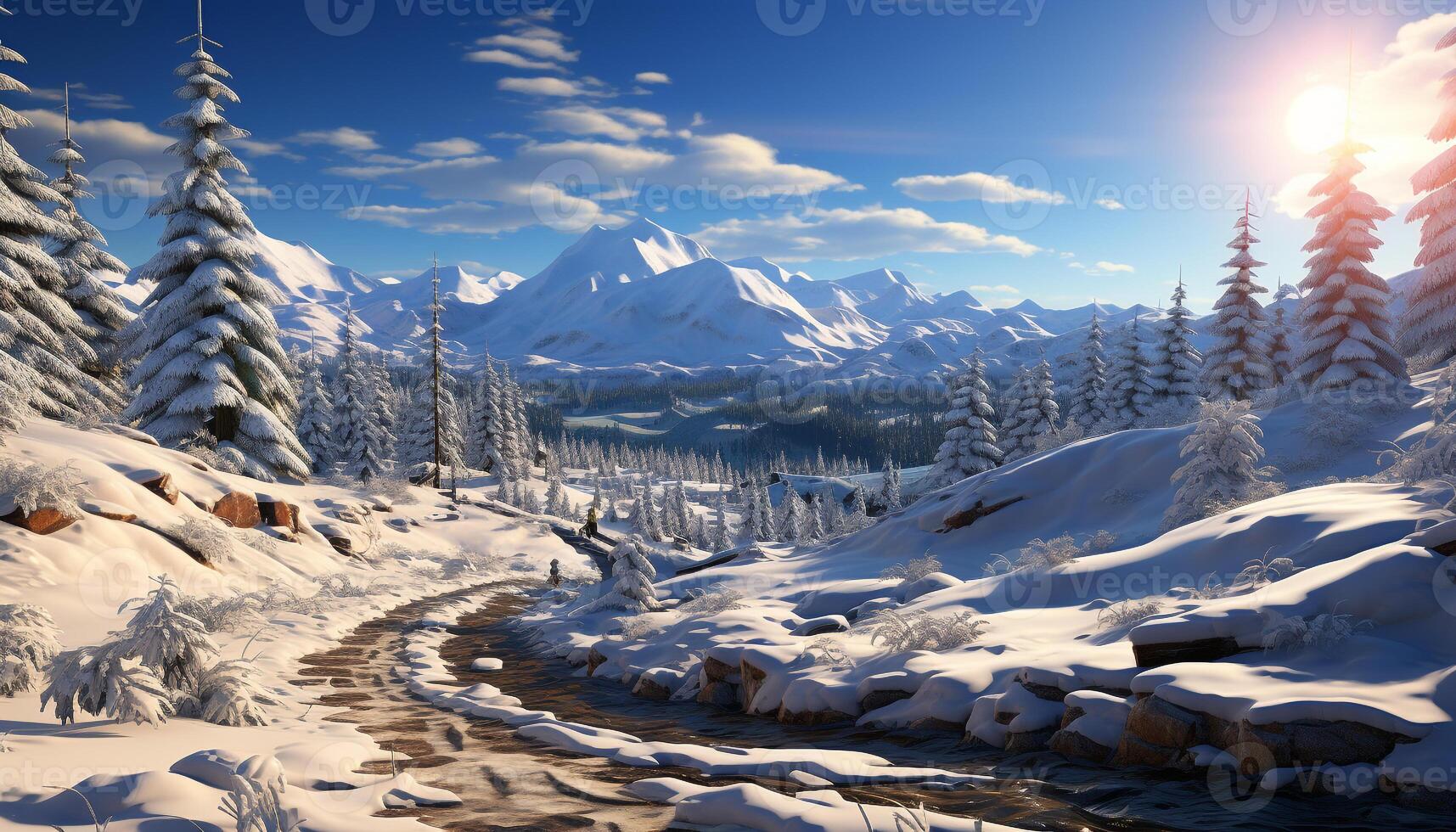 AI generated Winter mountain landscape blue sky, snowy peaks, tranquil scene generated by AI photo