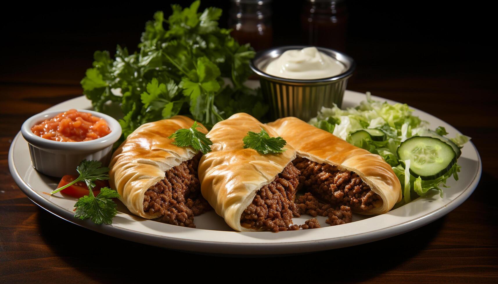 AI generated Grilled beef and pork tacos, fresh salad, ready to eat goodness generated by AI photo