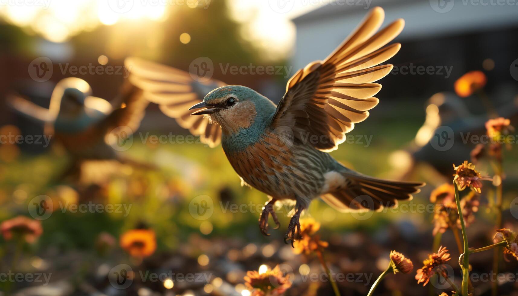 AI generated A small pigeon perching on a branch, wings spread, in autumn generated by AI photo