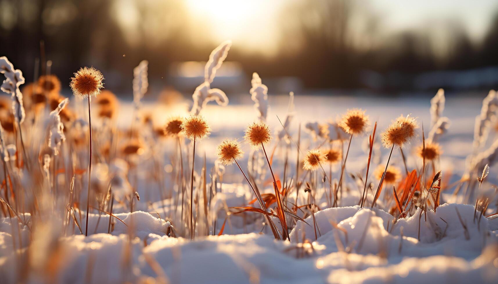 AI generated Sunset meadow, snow covered tree, yellow flower, green grass, blue sky generated by AI photo
