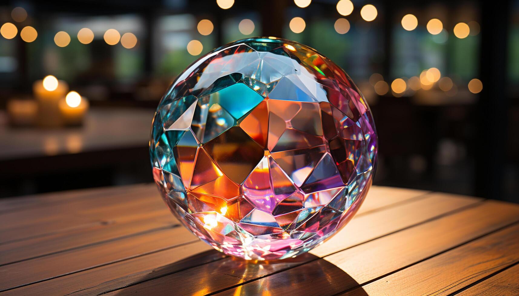 AI generated Shiny glass sphere illuminated, reflecting vibrant colors on table generated by AI photo