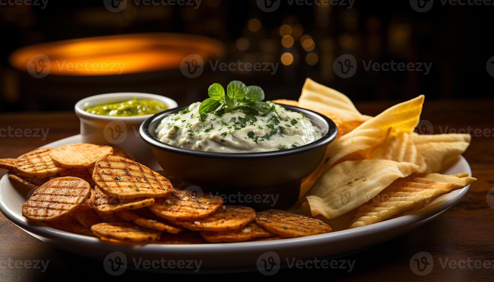 AI generated Freshness and spice in a gourmet guacamole dip on a plate generated by AI photo