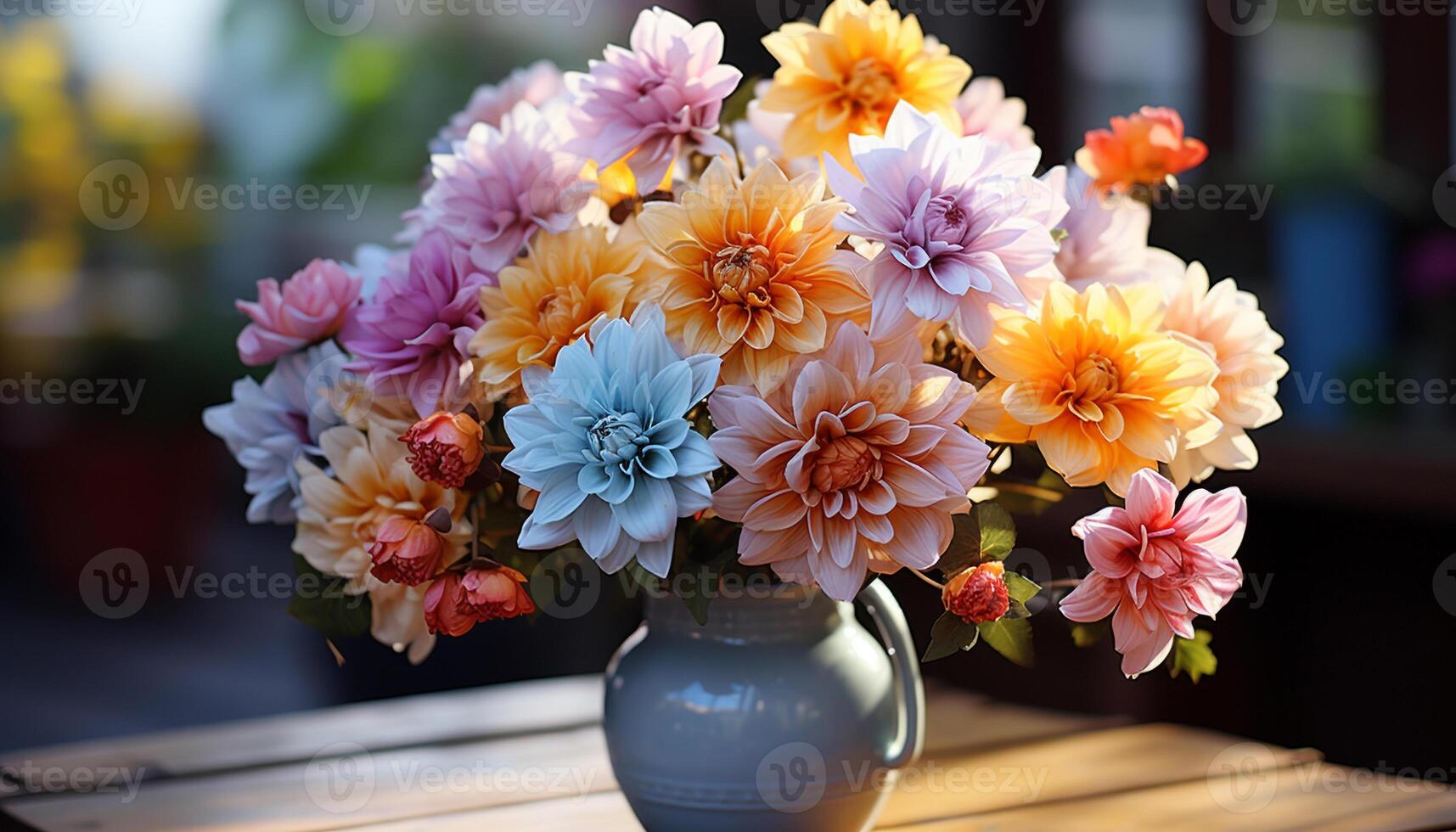 AI generated Freshness of nature in a bouquet, pink flowers on wooden table generated by AI photo