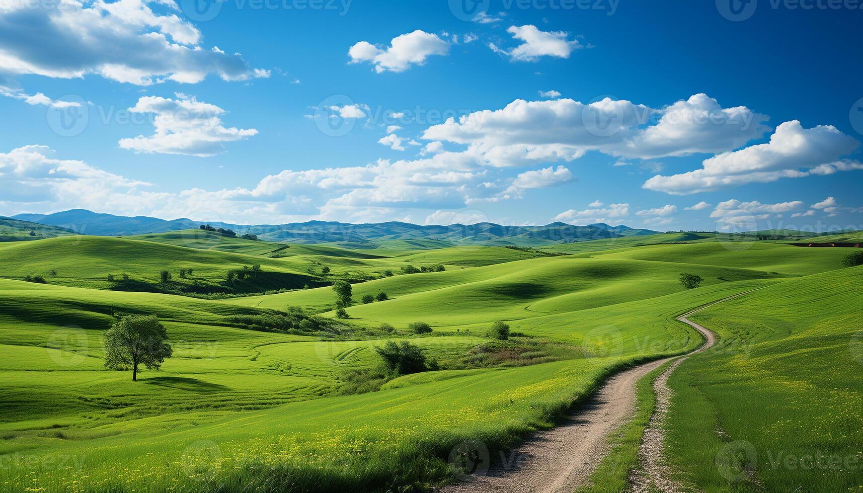 AI generated Idyllic meadow, rolling landscape, green grass, blue sky, tranquil scene generated by AI photo