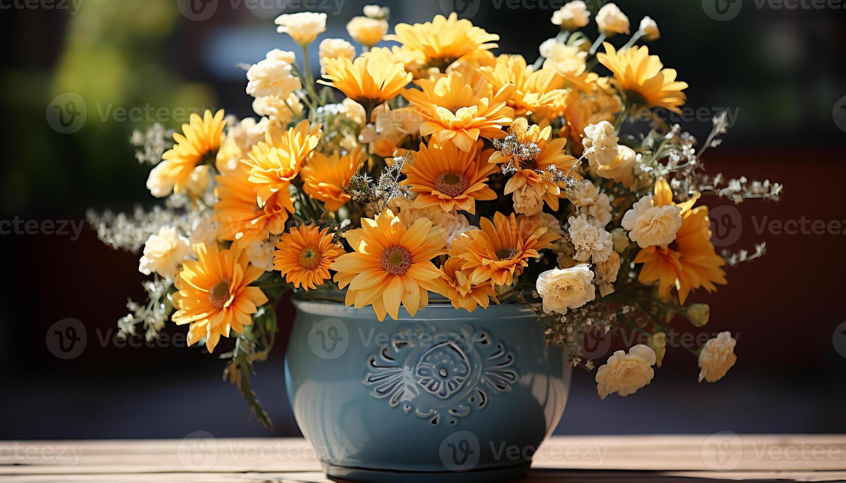 AI generated Freshness of nature in a bouquet on a wooden table generated by AI photo