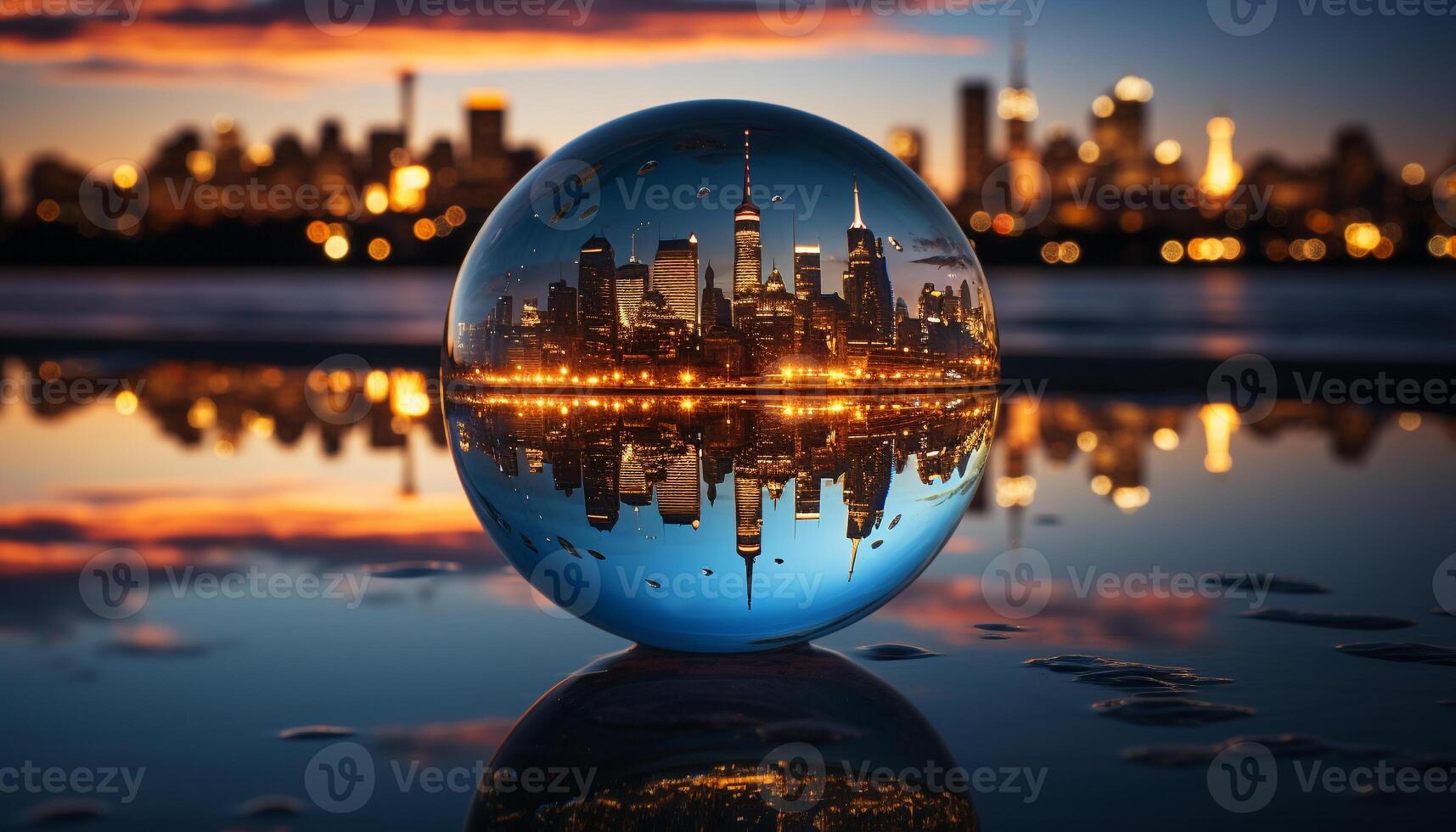 AI generated Cityscape reflection on water, vibrant skyline illuminates the night generated by AI photo
