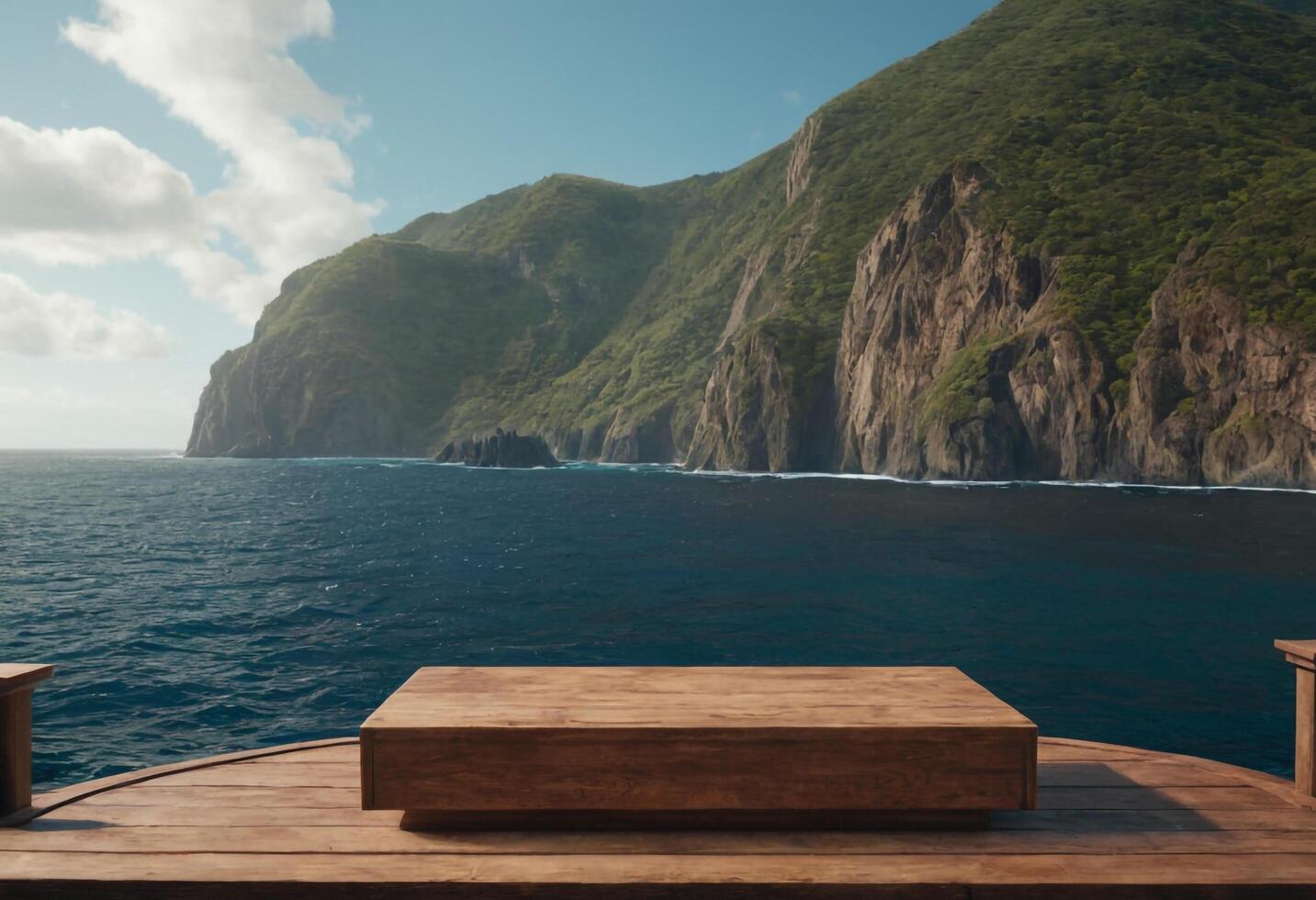AI generated Wooden podium with copy space for product display presentation on palm beach and blue sky background. Generative Ai photo