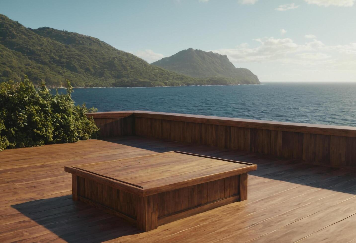 AI generated Wooden podium with copy space for product display presentation on palm beach and blue sky background. Generative Ai photo