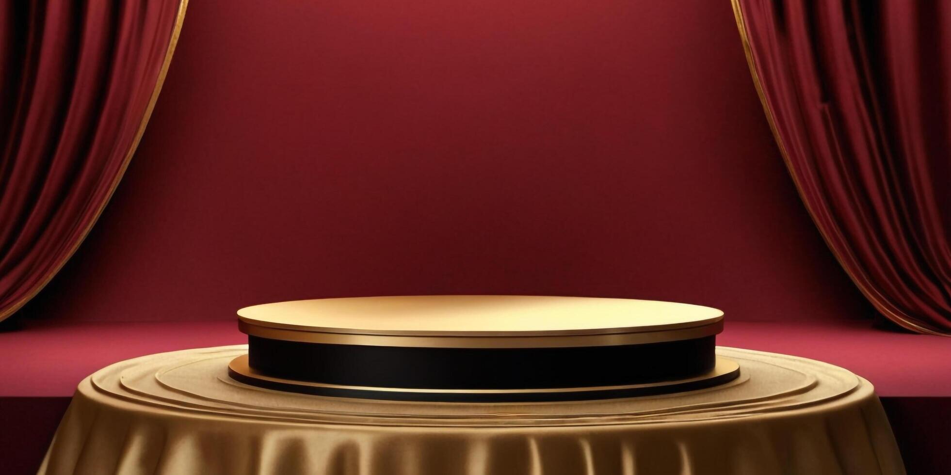 AI generated Golden Podium with luxury maroon color room background Generated Ai photo