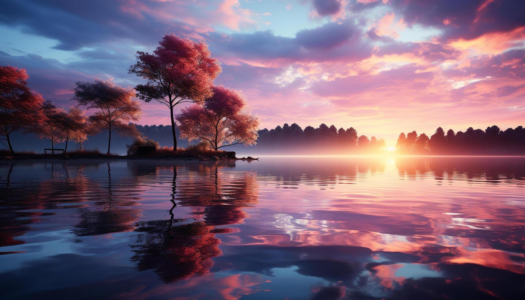 AI generated Tranquil scene sunset reflects on tranquil pond, nature vibrant beauty generated by AI photo