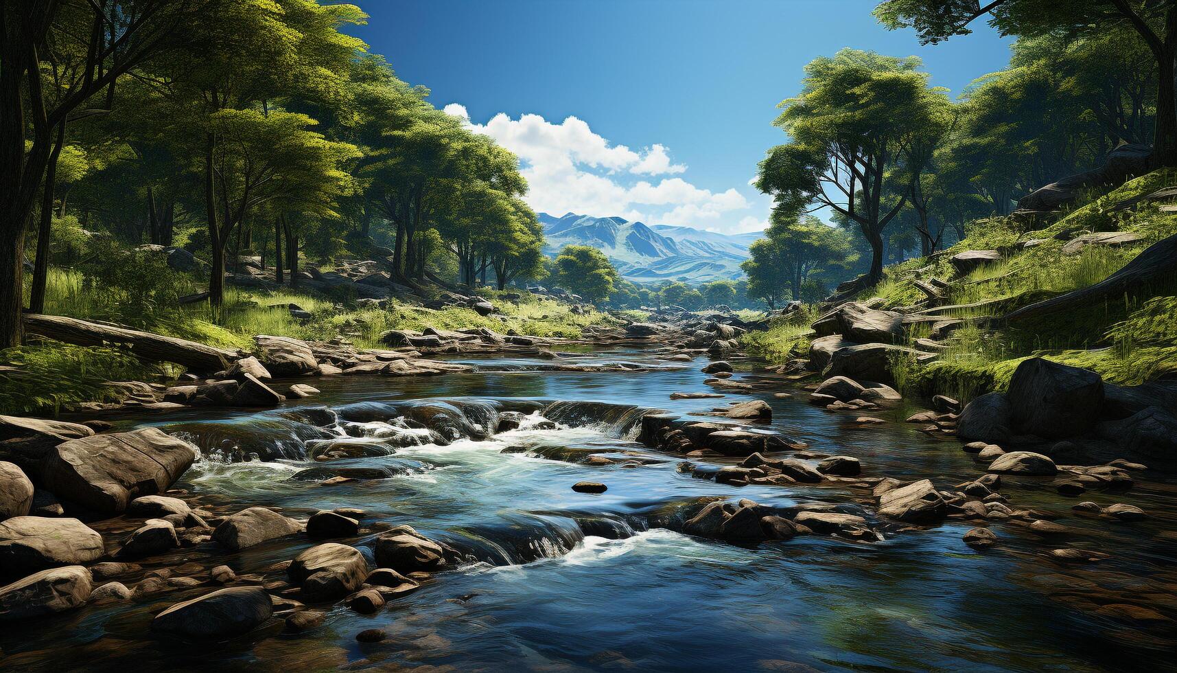 ai generado tranquilo escena fluido agua, verde árboles, rocoso montañas, reflejando luz de sol generado por ai foto