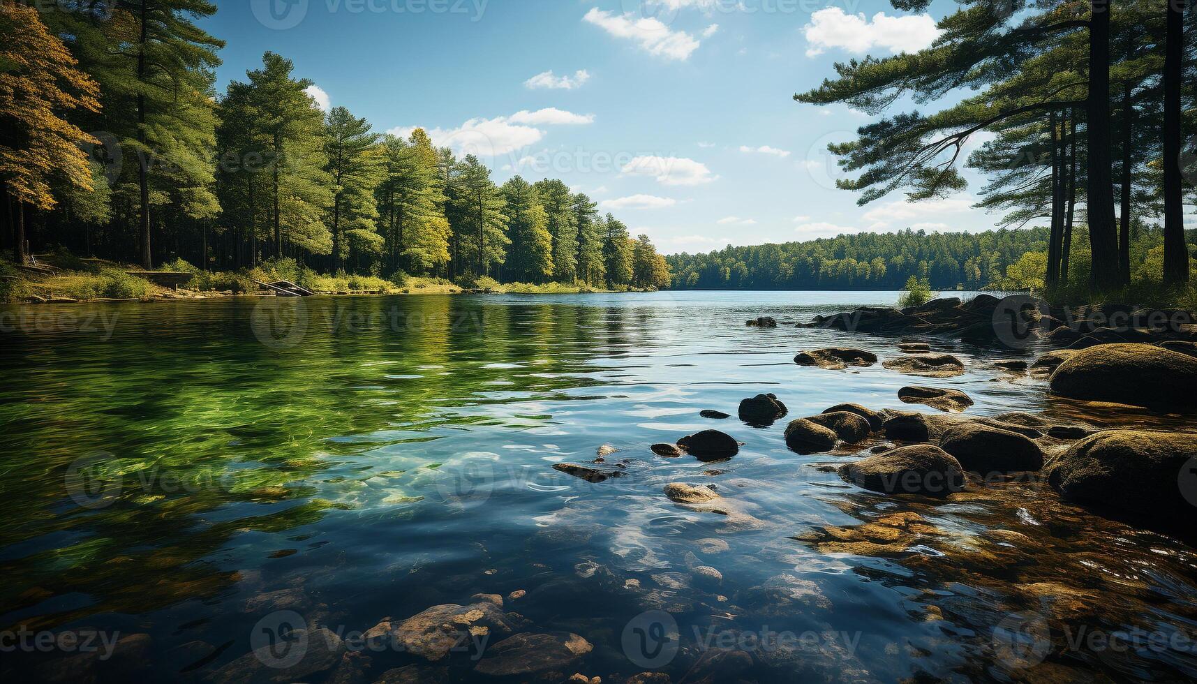 AI generated Tranquil scene nature beauty in autumn, reflecting mountains and blue water generated by AI photo
