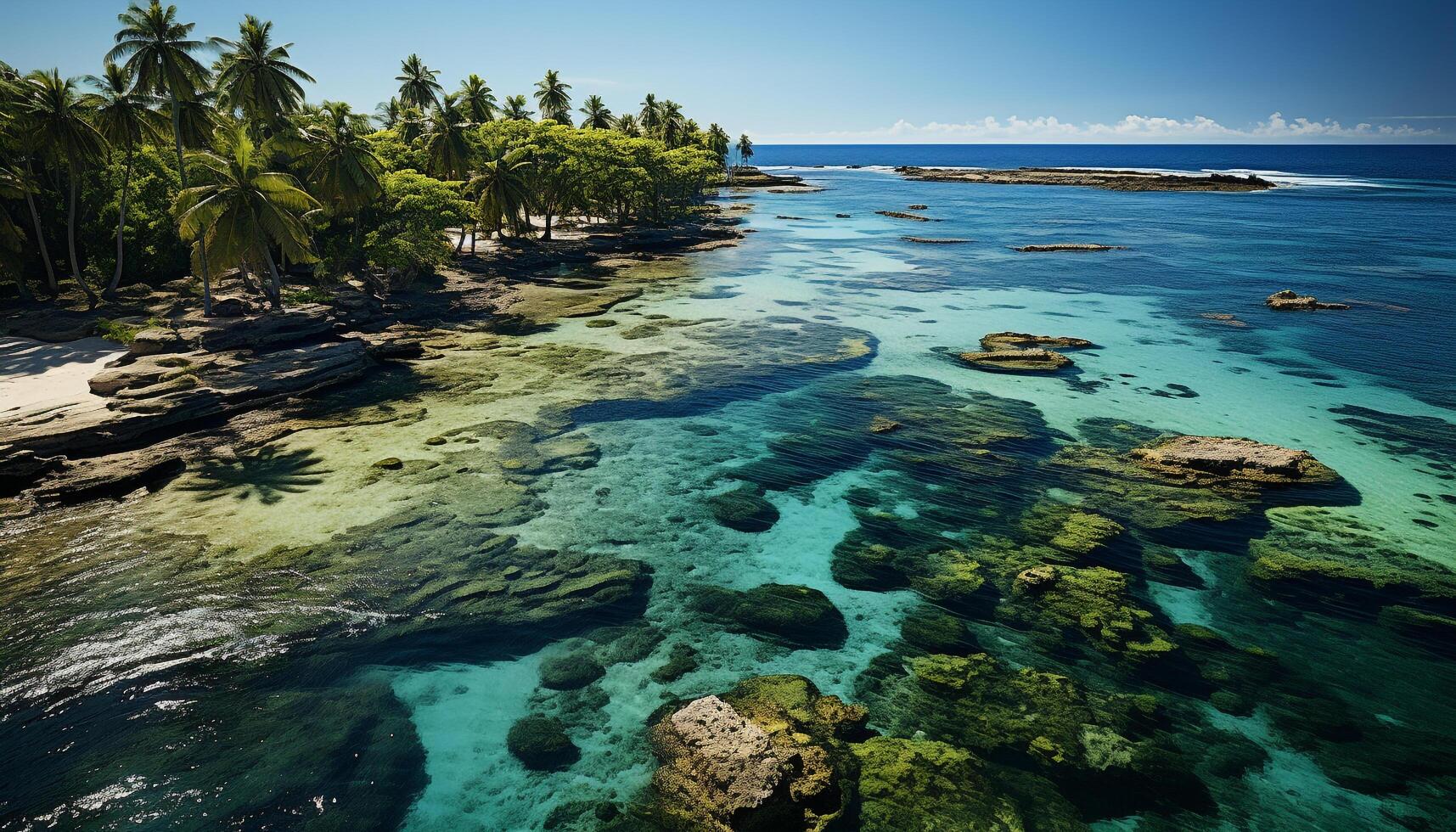 ai generado tranquilo escena turquesa aguas, arenoso playa, palma árboles, y claro cielo generado por ai foto