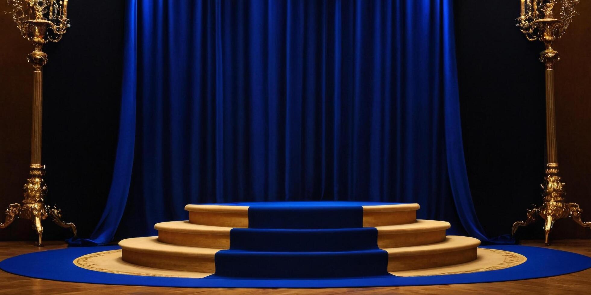 AI generated Golden round podium with luxurious royal blue background for display Ai generated photo