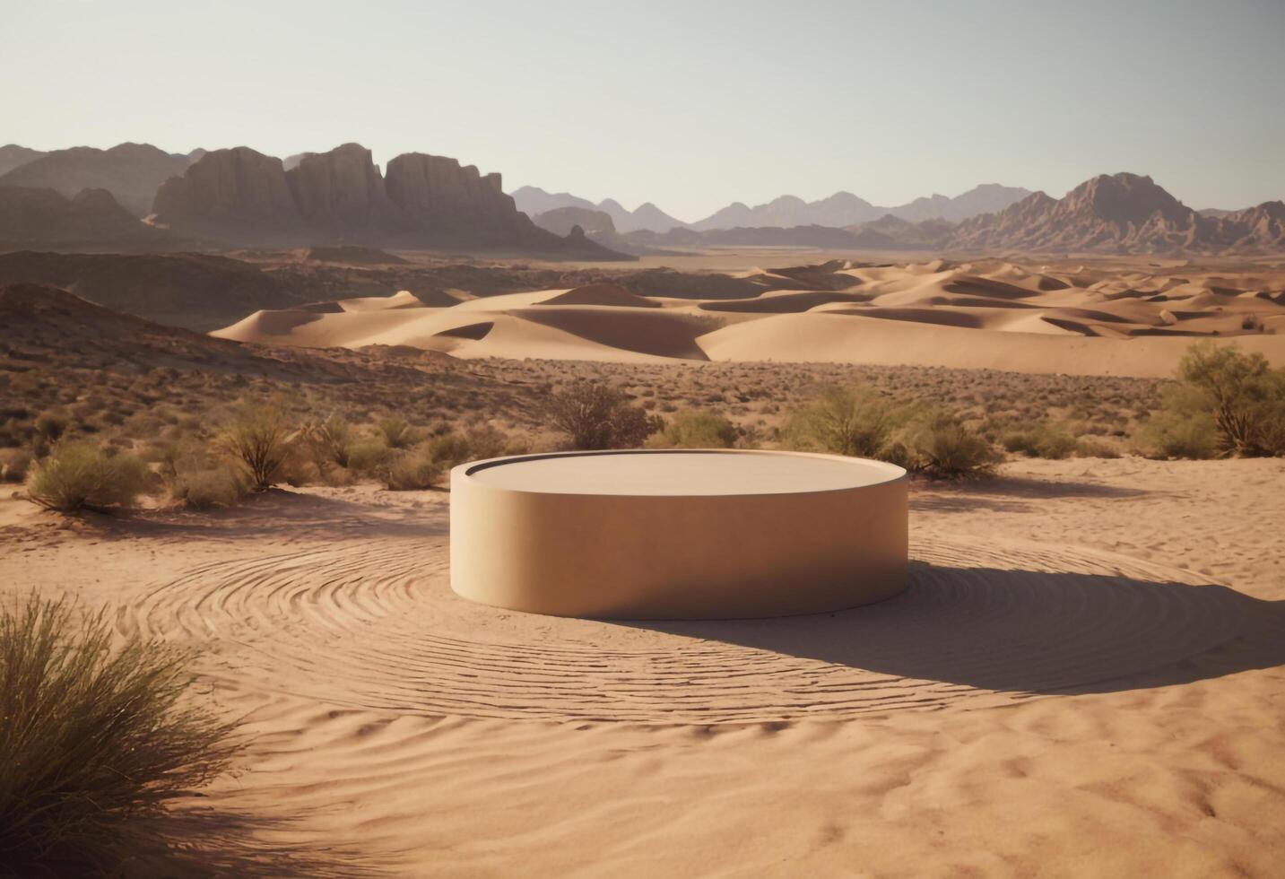 AI generated wooden podium with sand background Generative Ai photo