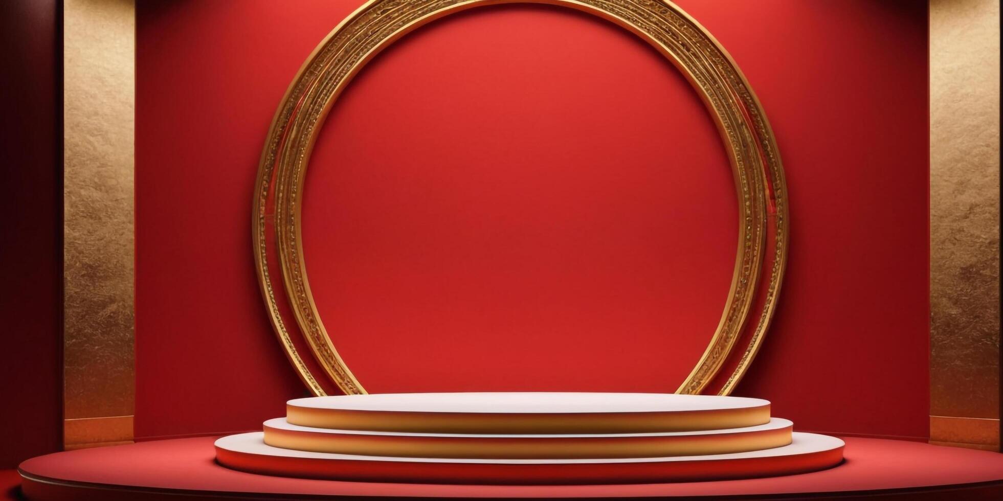 AI generated Golden Podium with luxury red room background Generated Ai photo