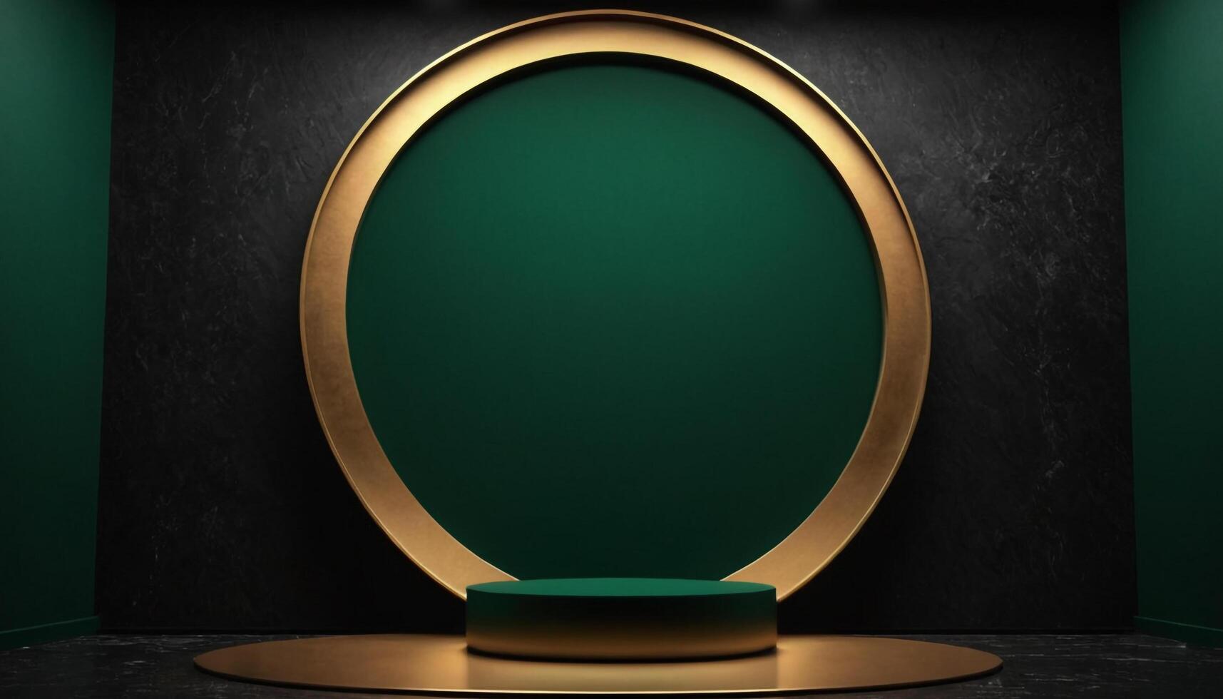 AI generated Golden Podium with luxury dark green room background Generated Ai photo