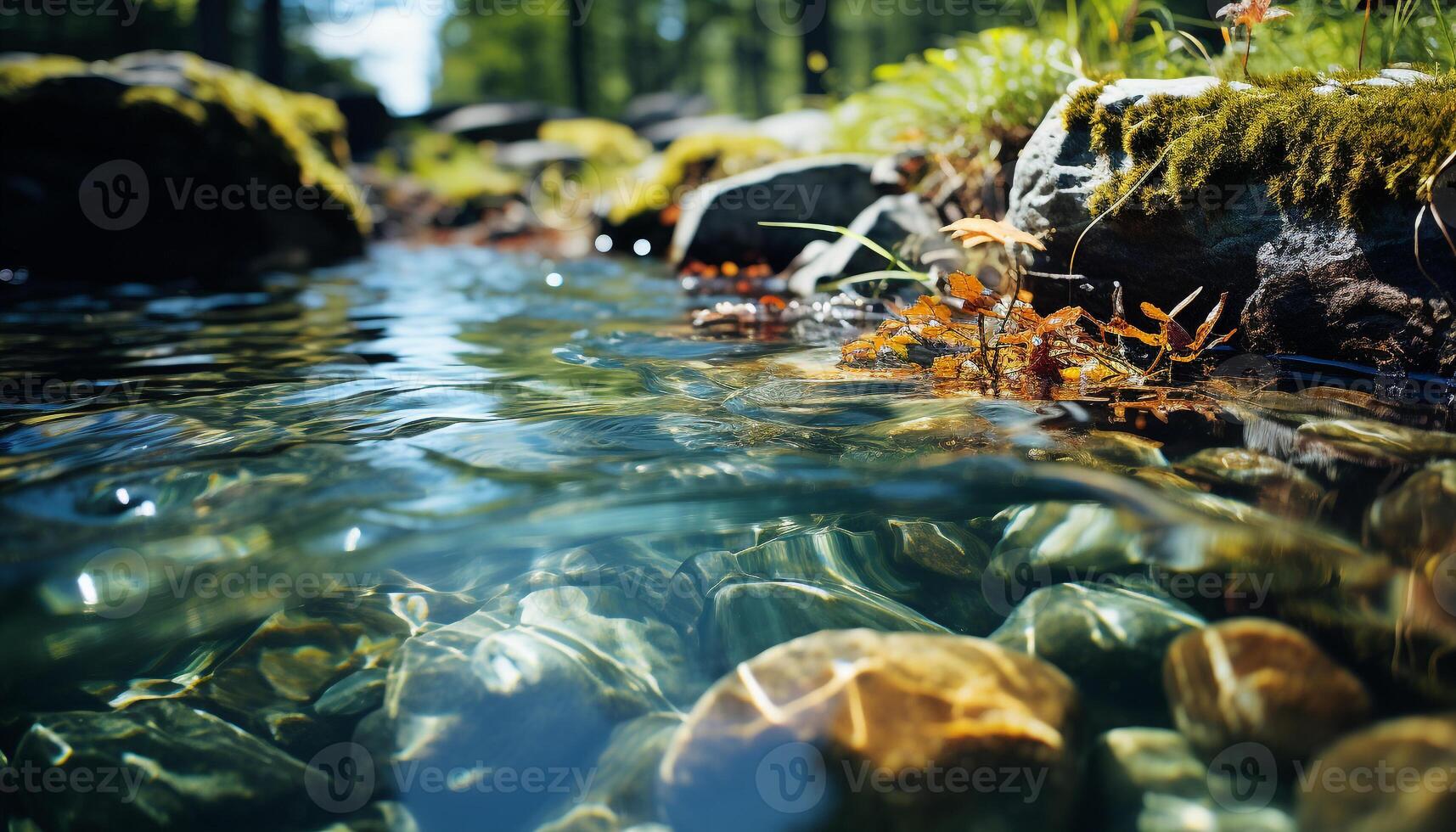 AI generated Tranquil scene flowing water, green forest, and colorful autumn leaves generated by AI photo