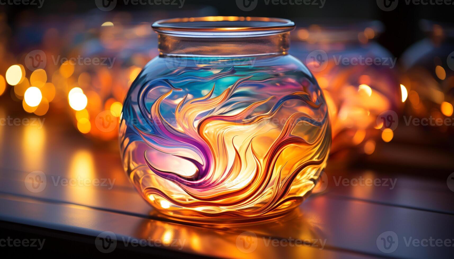 AI generated Abstract design vibrant colors illuminate dark glass jar on table generated by AI photo