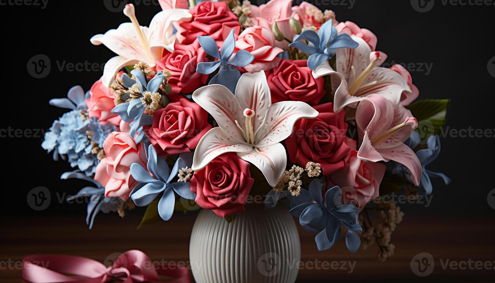 AI generated A beautiful bouquet of fresh flowers adorns the wooden table generated by AI photo