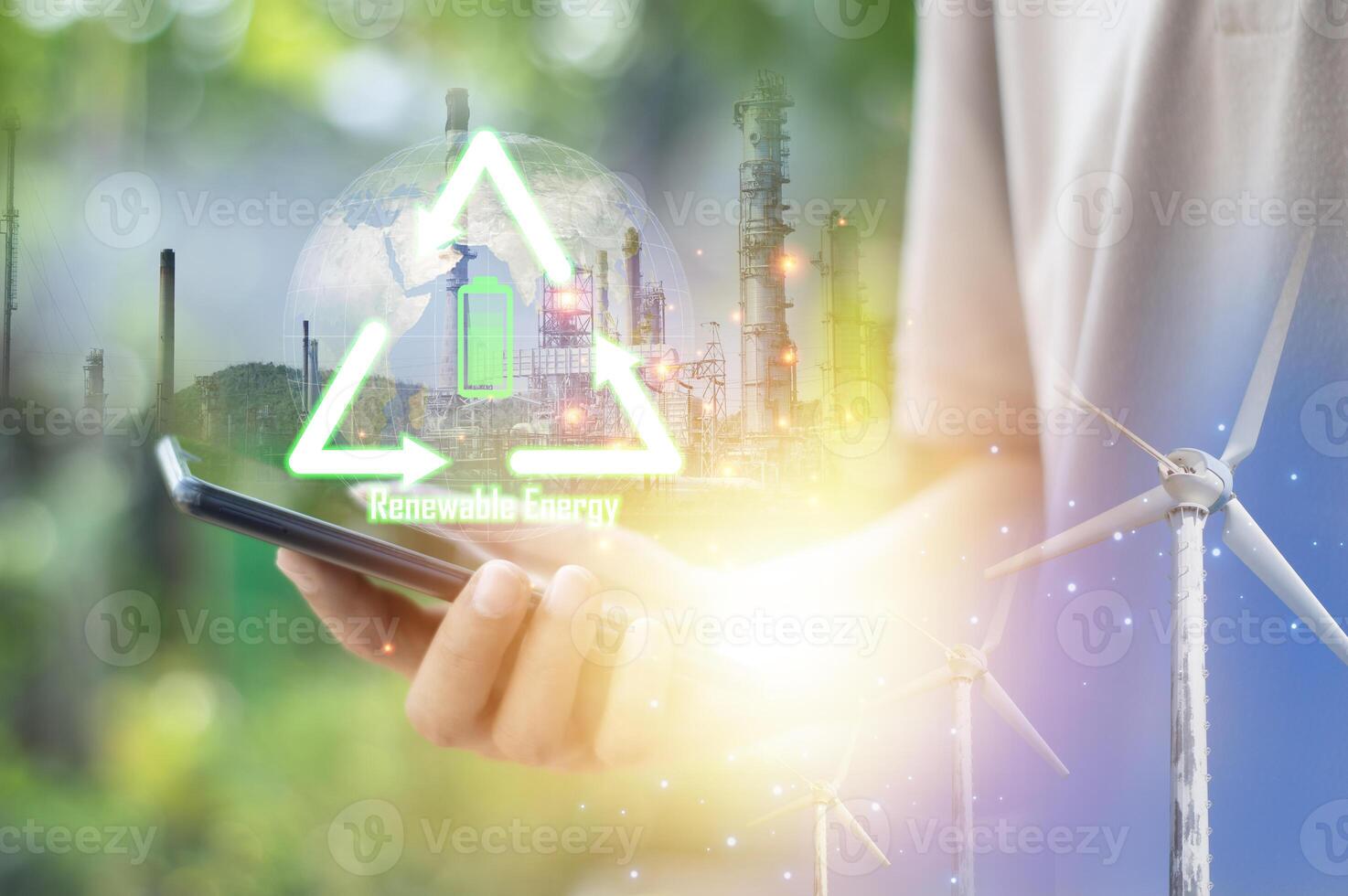 Sustainable development and business operations based on renewable energy CO2 Emission Reduction Concepts Green industries using renewable energy can limit global warming changes. photo