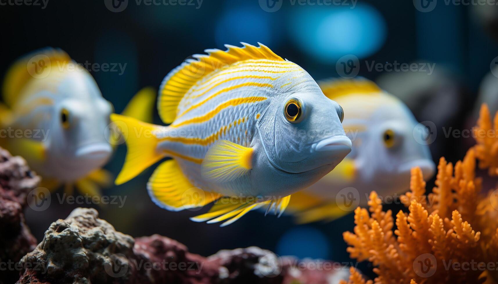 AI generated Vibrant underwater beauty school of colorful fish swimming in reef generated by AI photo