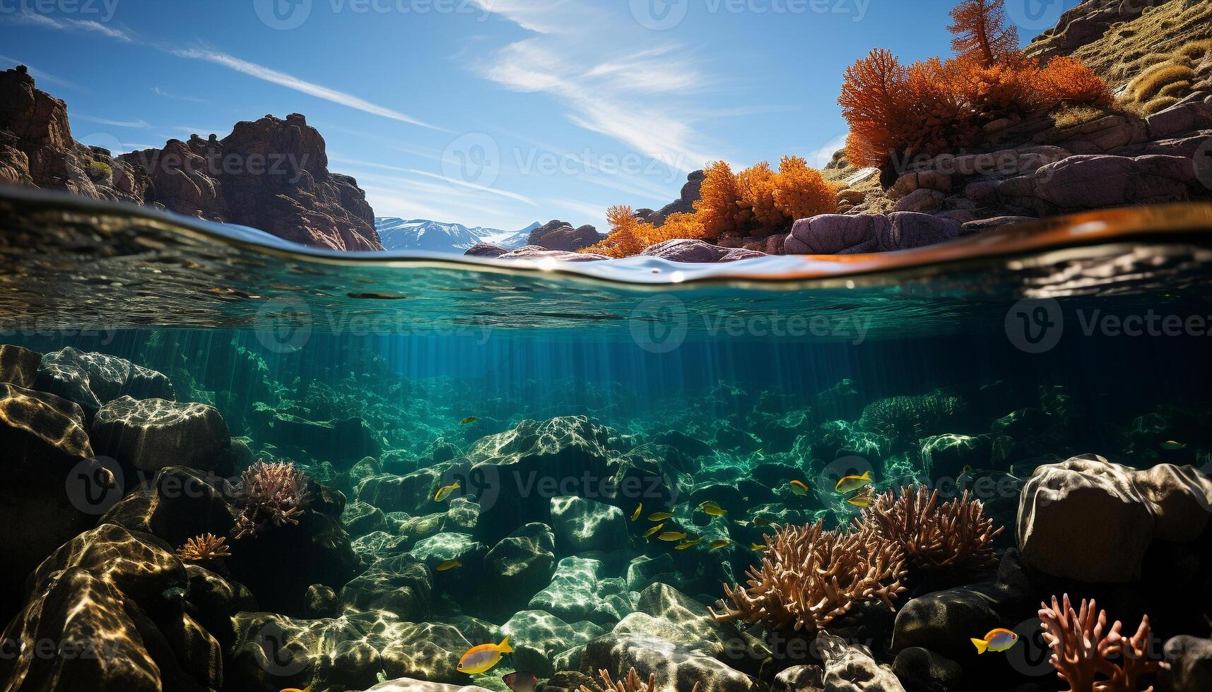 AI generated Underwater fish swim in the blue, tropical coral reef generated by AI photo