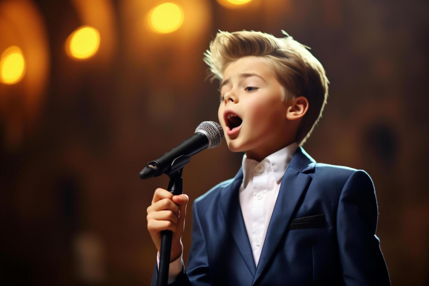 AI generated a young boy kid singing bokeh style background photo