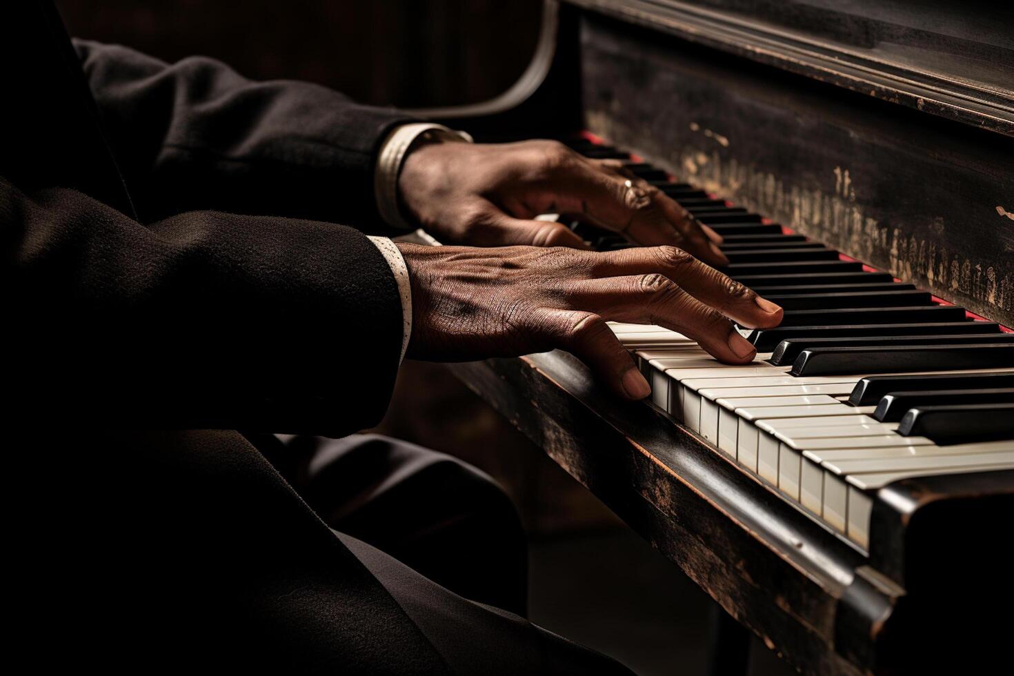 AI generated close up of hand playing piano bokeh style background photo