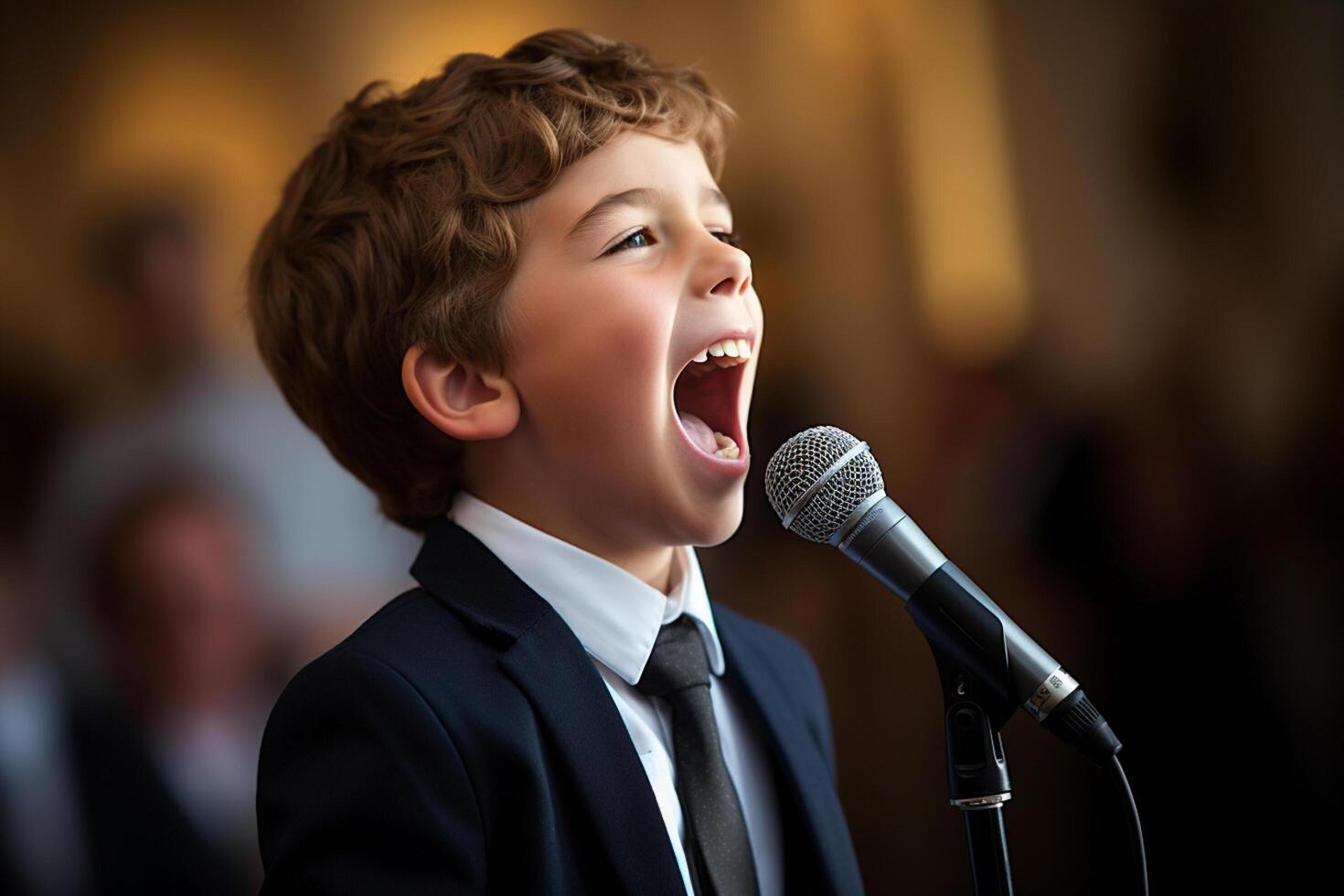 AI generated a young boy kid singing bokeh style background photo