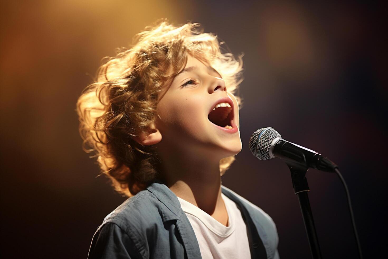 AI generated a young boy kid singing bokeh style background photo