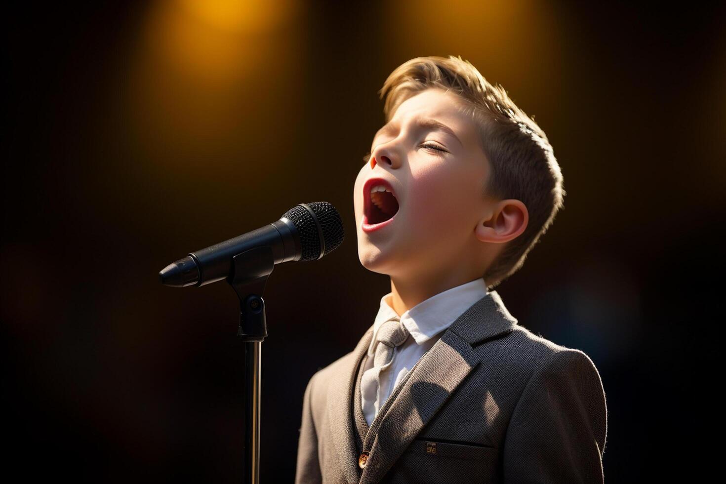 AI generated a young boy kid singing bokeh style background photo